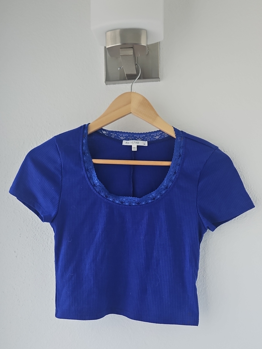ANISTAR Royal Blue Ribbed Lace-Trim Scoop Crop Top